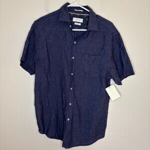 PORTER & ASH NEW 100% Linen Button Up Shirt Mens M Blue Short Sleeve Collar
